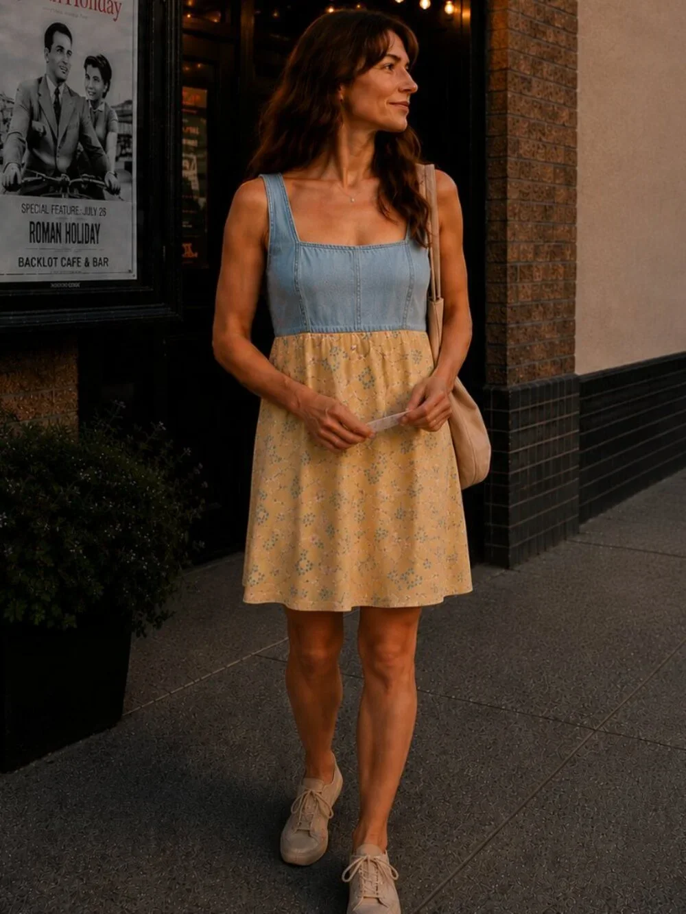Vintage 90s Butter Yellow Daisy Floral Denim Bodice Babydoll Mini Dress Small - Picture 1 of 10